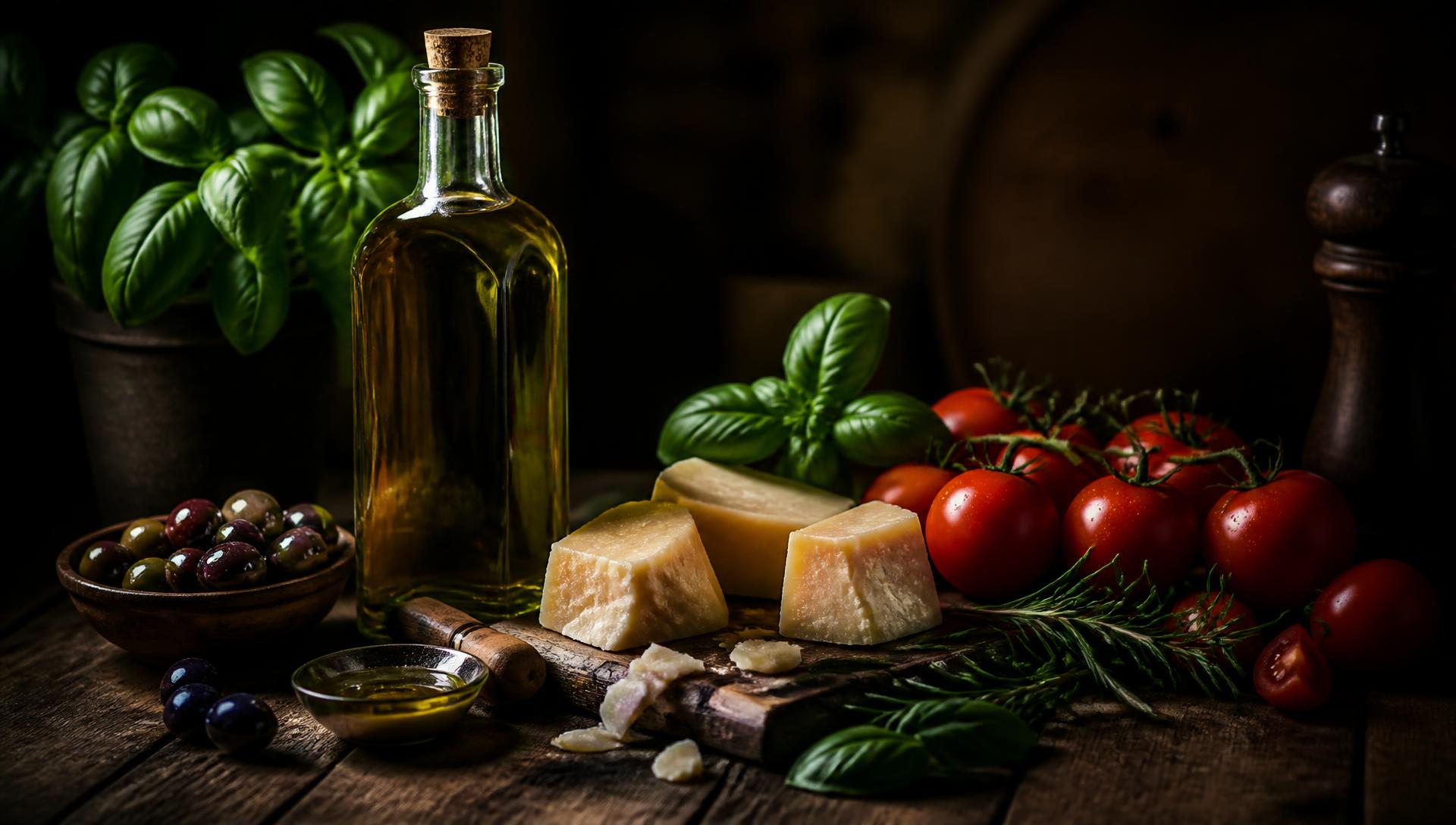 Azeite, azeitonas, manjericão, tomates e parmesão sobre mesa de madeira escura